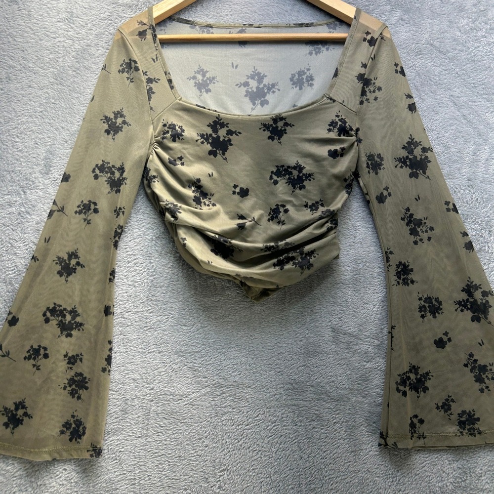 Y2K Fairy Top Olive Green Floral Mesh Ruched Bell Sleeve Square Neck Medium